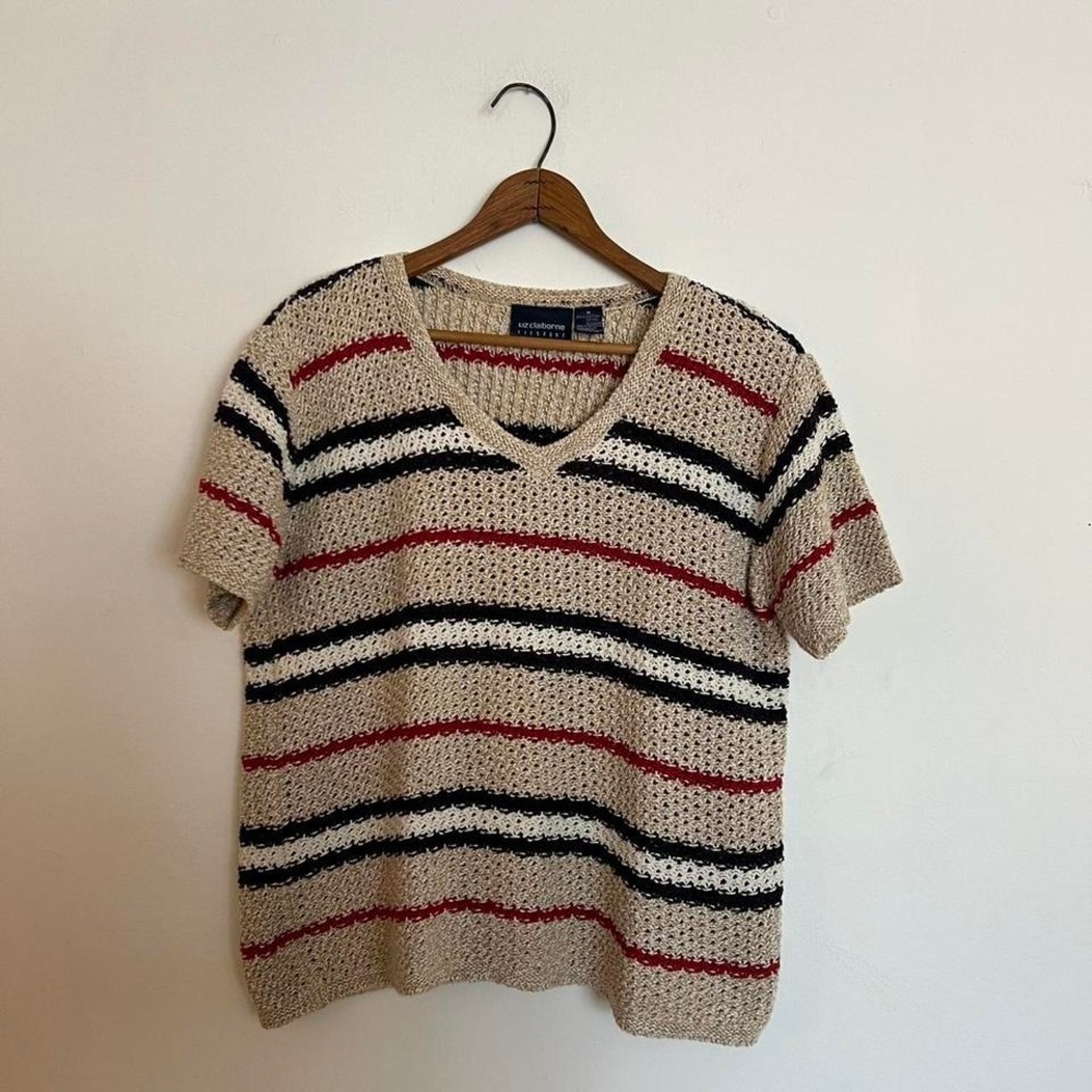 Vintage Striped Liz Claiborne Short Sleeve Light Knit Sweater Top Americana - Picture 3 of 6